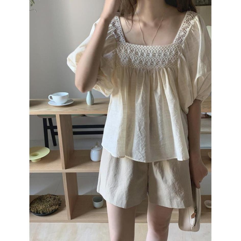 Set Đũi Ren Be Cổ Vuông Bộ Nữ Viền Ren Xinh Xắn cực xinh