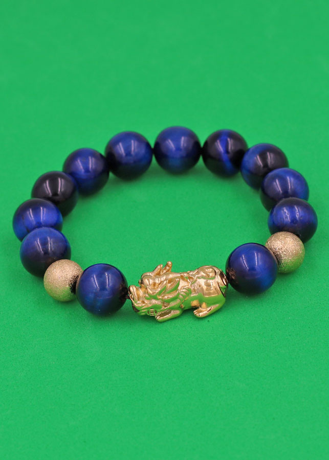 Vòng đeo tay Đá Mắt Hổ Xanh Đen 12 ly - cẩn Tỳ Hưu Phong Thủy inox vàng VMHXETHHBV12 - hợp mệnh Mộc, mệnh Thủy