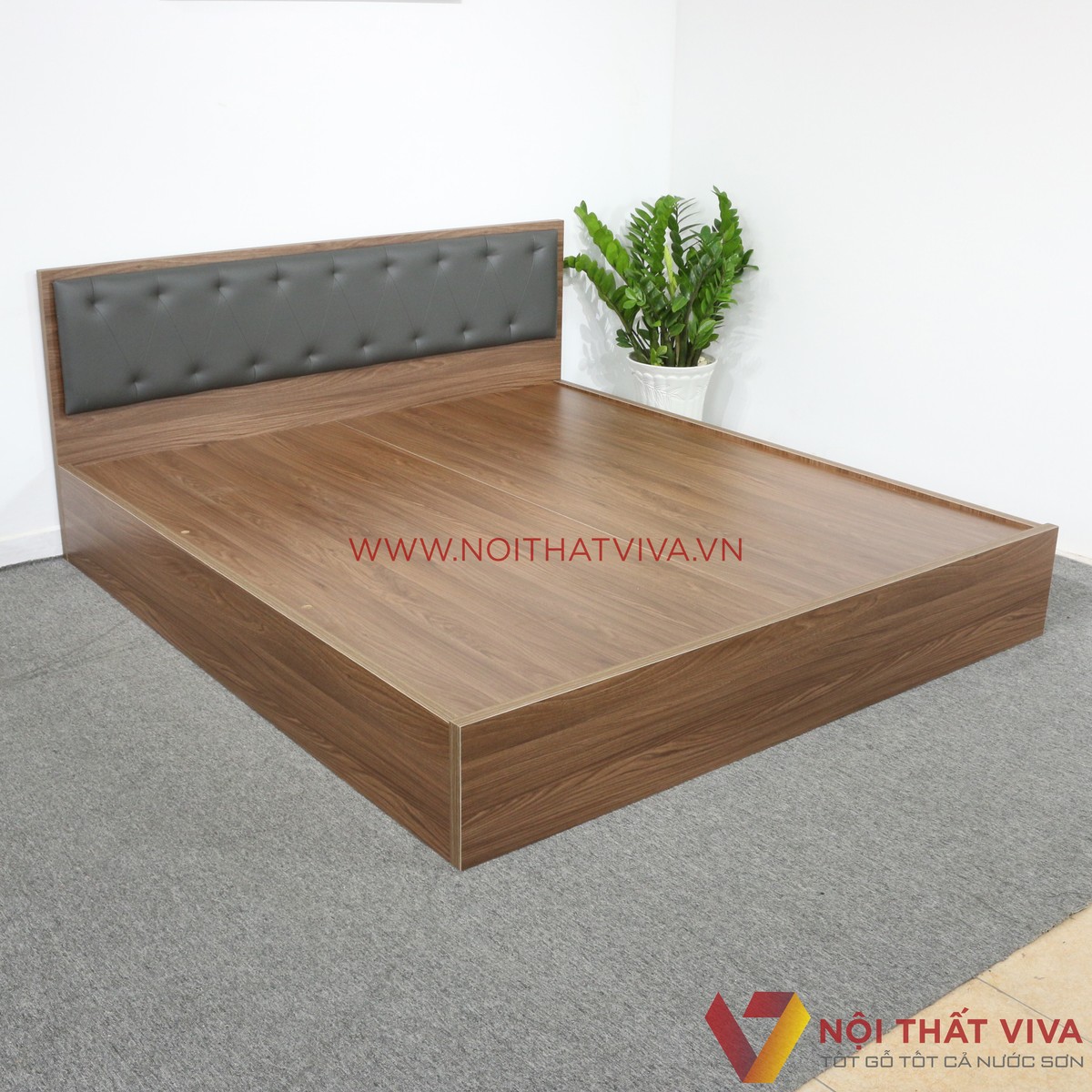 Giường Ngủ Gỗ MDF Melamine Màu Óc Chó Có Đầu Nệm Xanh Đen Đẹp