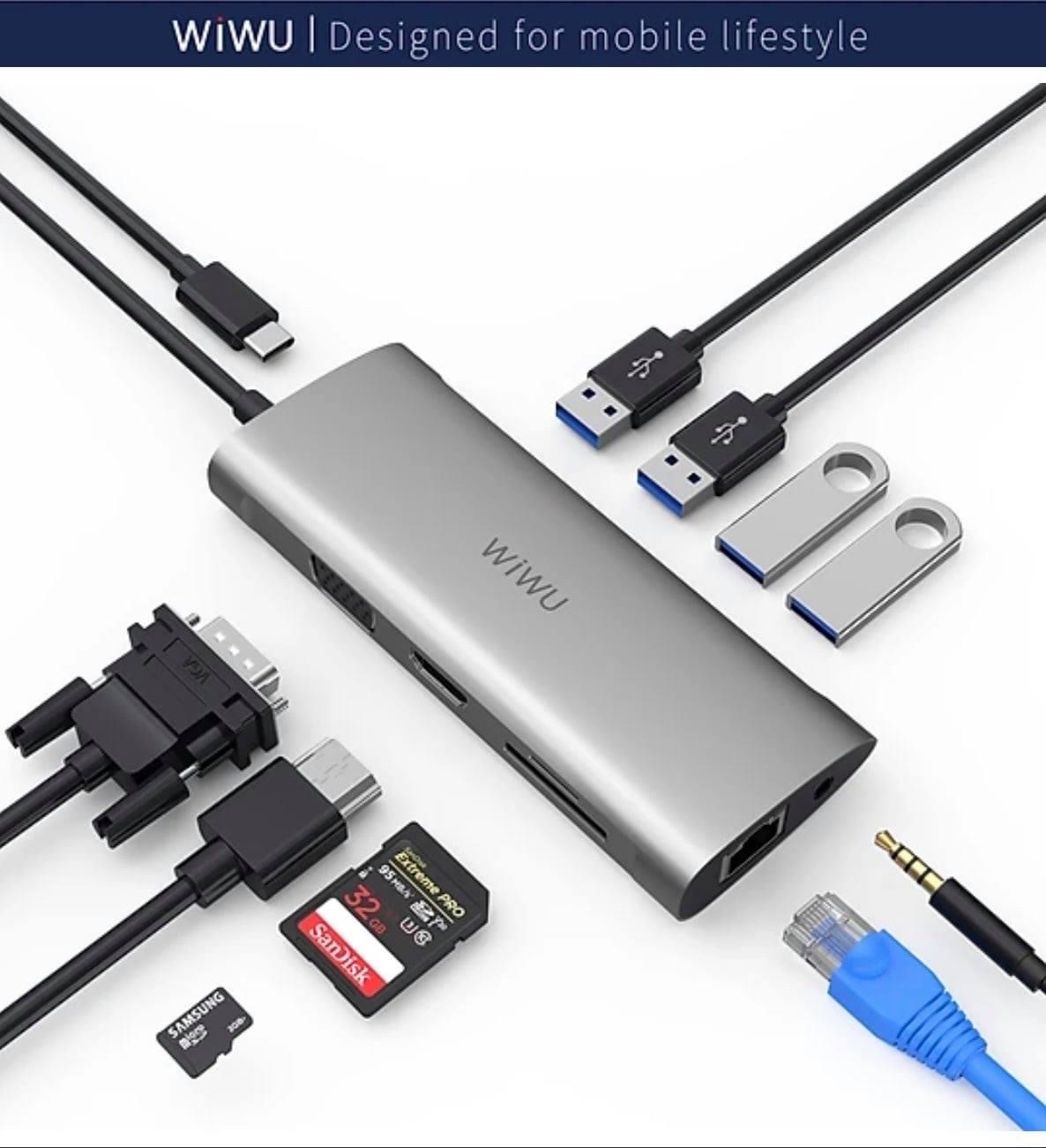 Hub Chuyển Đa Năng WIWU Alpha 11 In 1 USB-C A11 Đầu Ra HDMI 4K, Hỗ Trợ Sạc PD - Hàng Chính Hãng