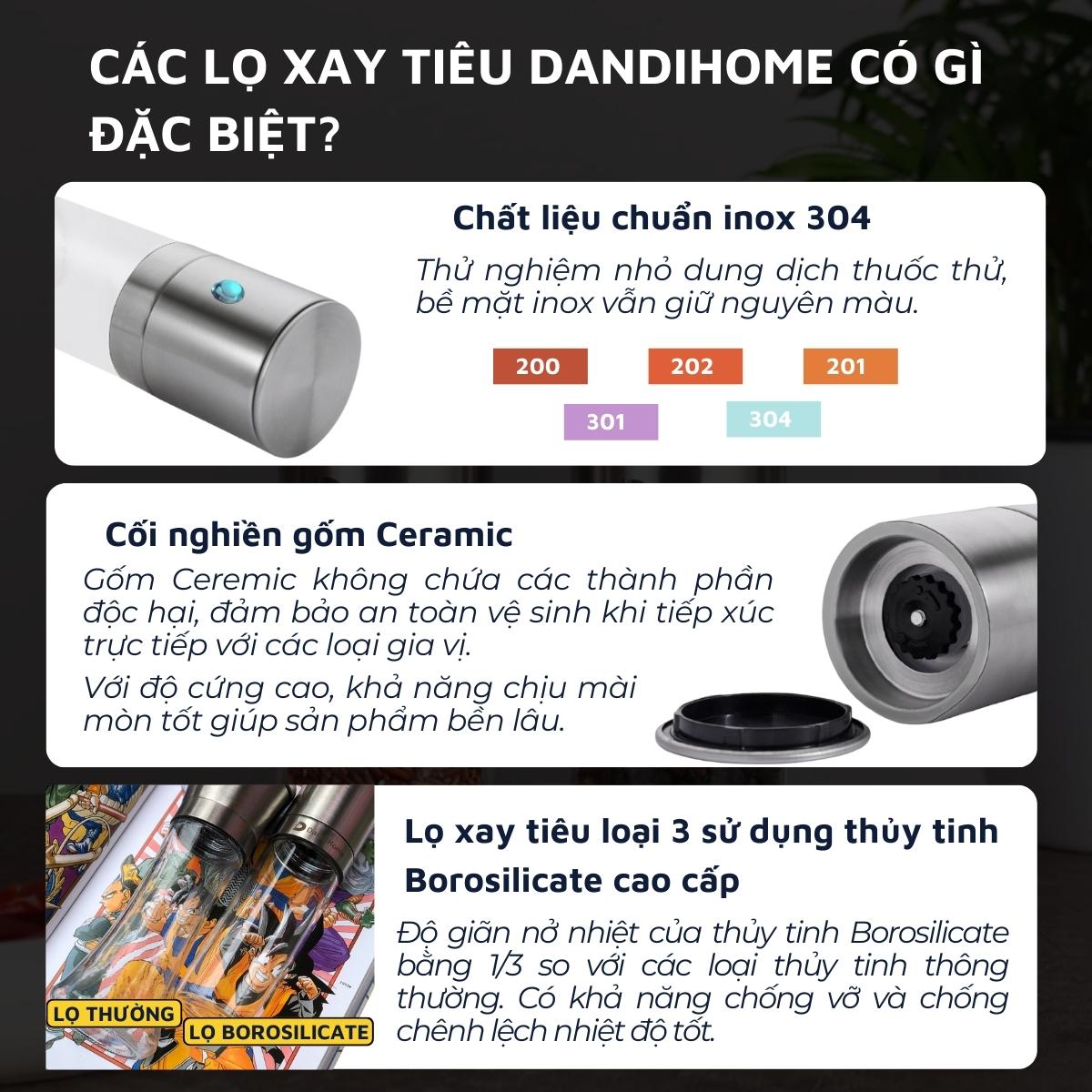 Lọ xay tiêu Inox 304 DandiHome cao cấp