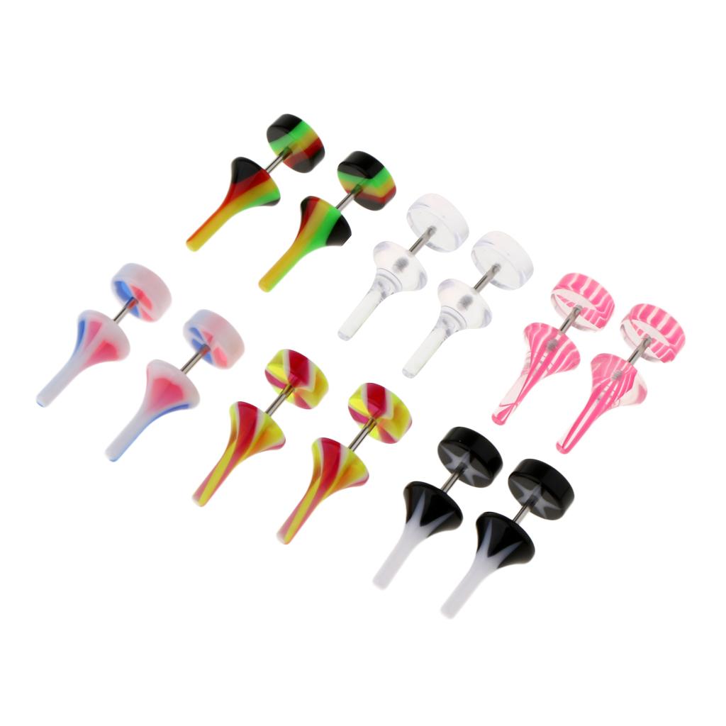 6 Pairs Acrylic Ear Earrings Flesh Tunnel Stainless Steel Fake Plugs 16g