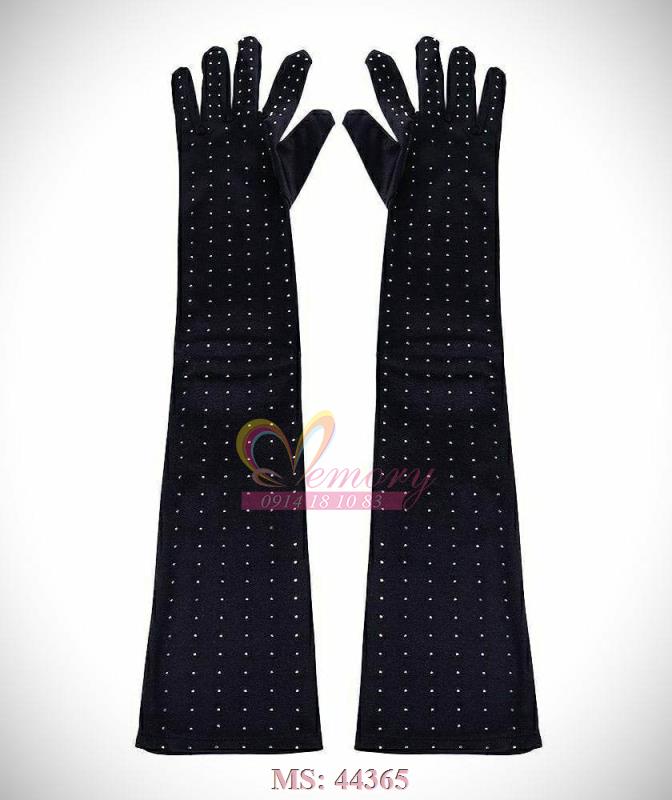 Găng tay lụa sang chảnh đính hạt sáng lấp lánh màu đen cho Cô dâu và Dạ hội, đi tiệc, sự kiện, lễ hội, chụp ảnh MS: 44365