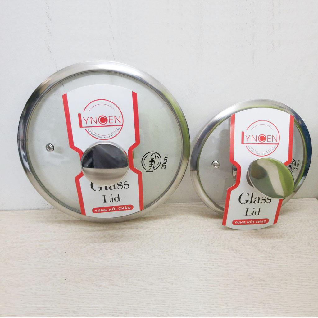 Nắp vung nồi chảo kính cường lực viền inox Lyncen xuất Nhật size 16/18/20/22/24/26/28/30cm