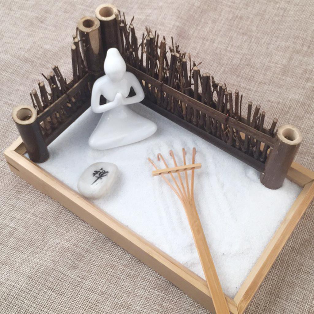 Zen Garden Sand Tray Buddha Stone Rake Bamboo Tray Home Room Ornament #1