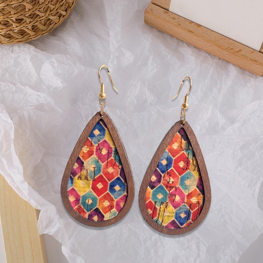 2-3pack Drop Shape Earrings Retro Wood Grain Leather for Teens Square Rainbow