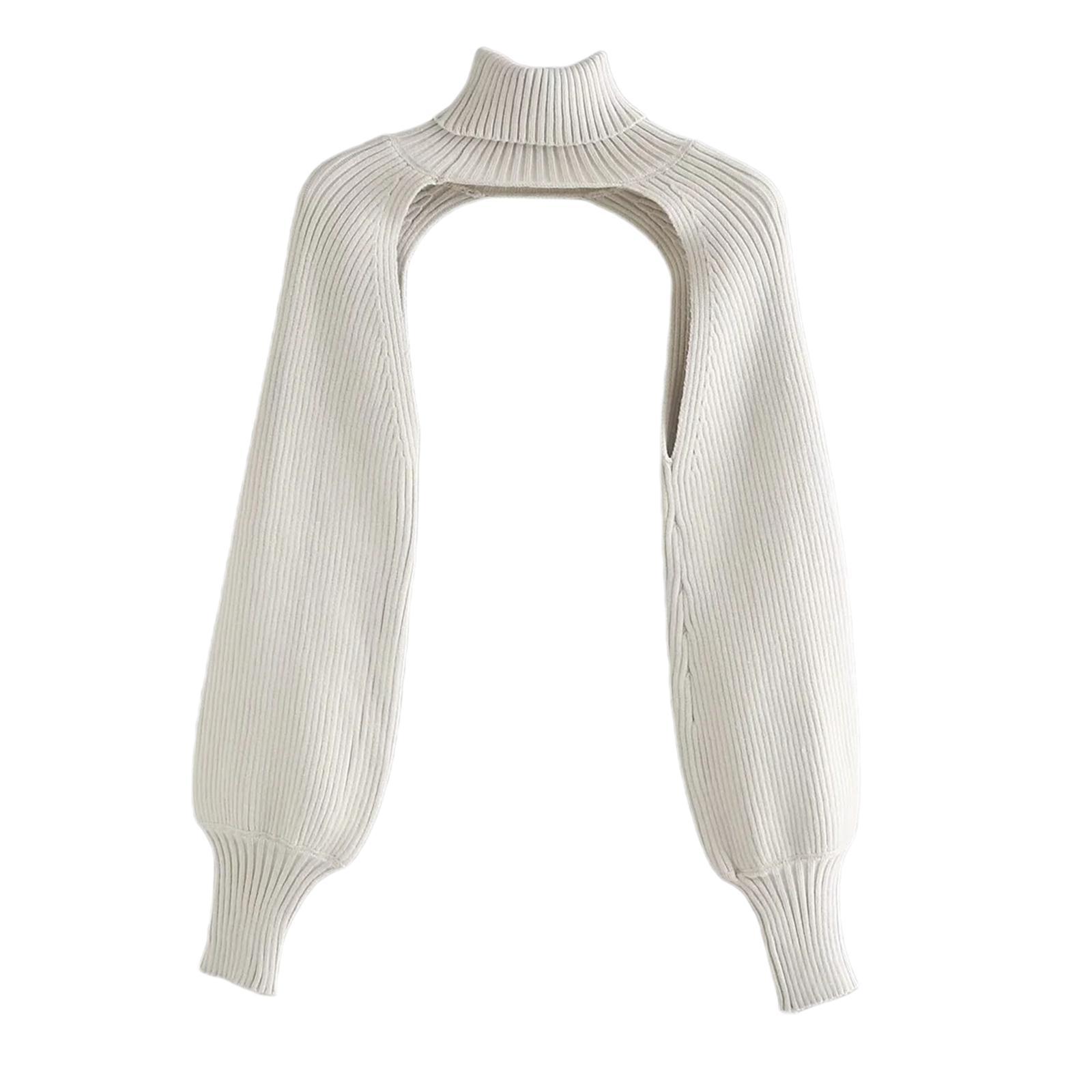 Turtleneck Short Sweater Long Sleeve Knitwear Pullover Halter Top White