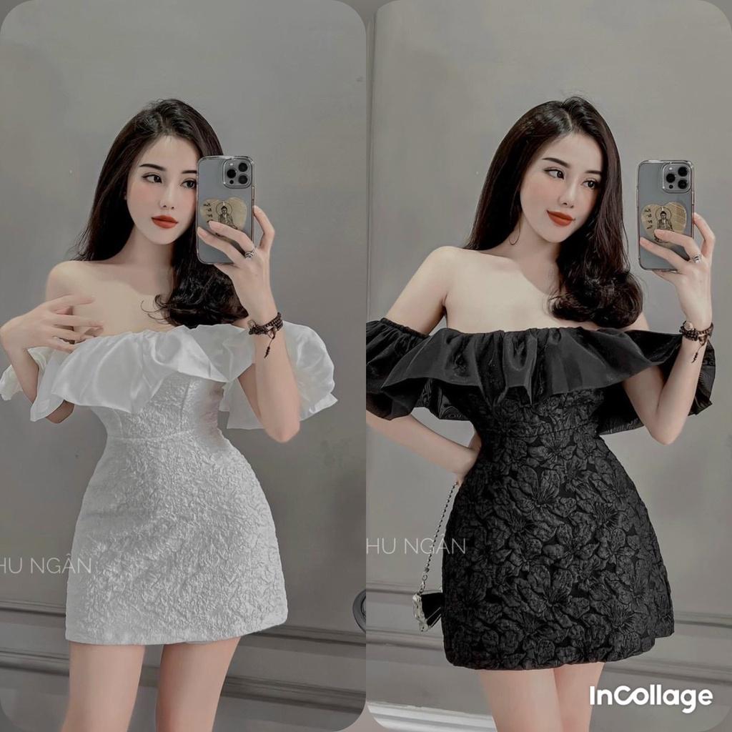 Đầm váy nữ xòe bèo trễ vái 2 màu thanh lịch phối gấm tôn dáng ( có mút ngực ) thời trang dự tiệc, dạo phố Hàn Quốc