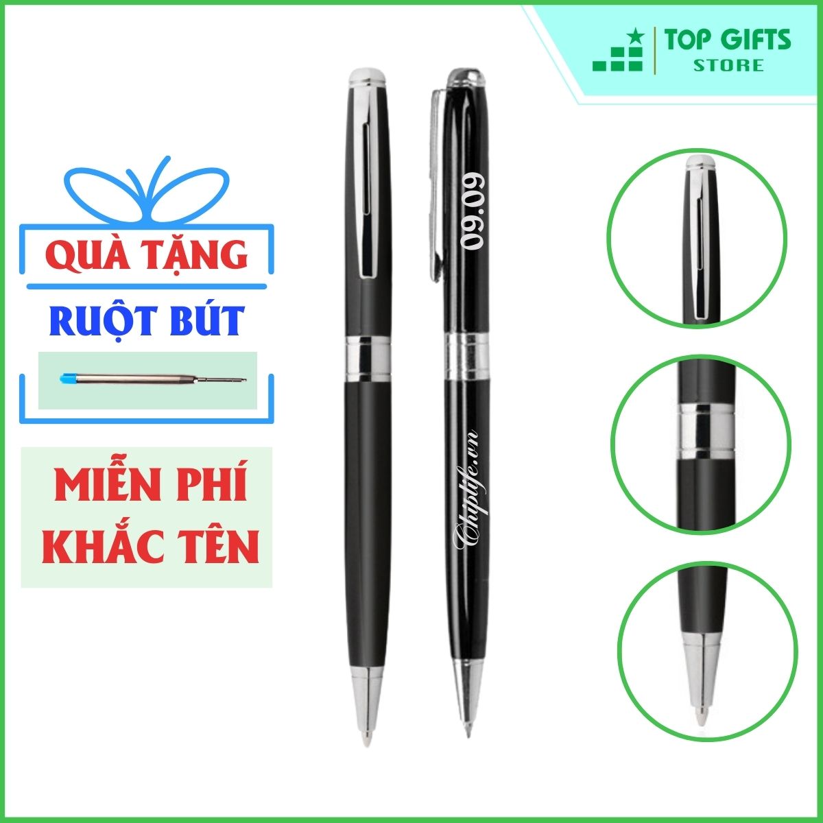 Bút ký, bút khắc tên cao cấp xoay Đen Viền bạc PDB118 ngòi 0.7mm | Quà tặng sinh nhật bạn trai + Ruột bút