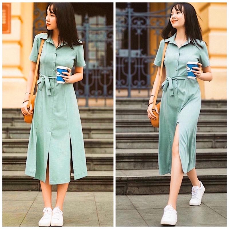 ĐẦM SUÔNG NỮ ĐẦM CÔNG SỞ Đầm váy sơ mi mint xẻ tà