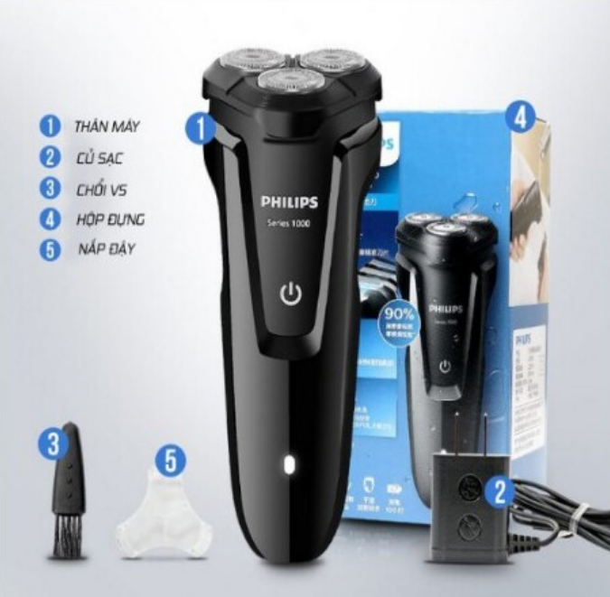 Máy cạo râu Philips Shaver series 1000 S1010, 3 lưỡi tự mài, cạo khô và cạo ướt - Bảo Hành 24 Tháng