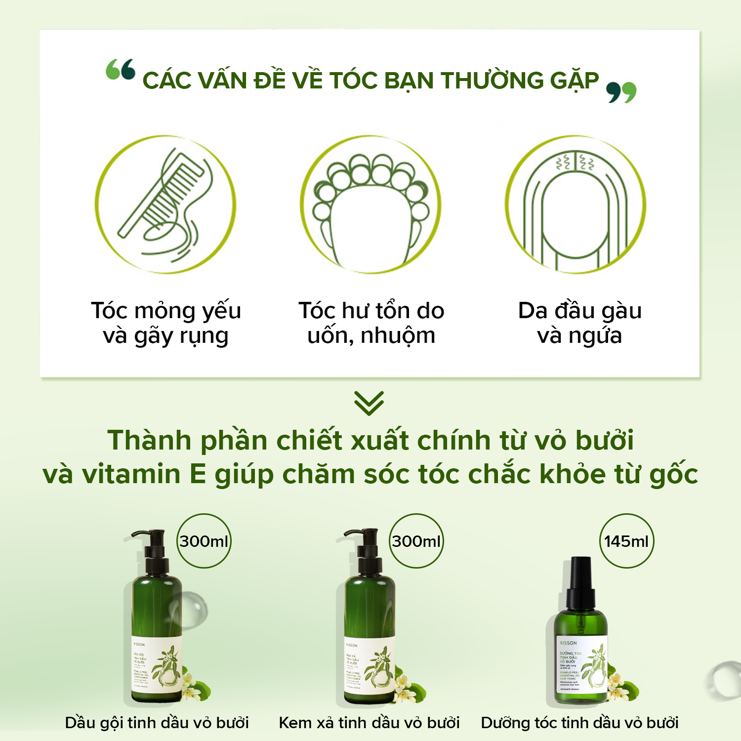 Dưỡng tóc tinh dầu vỏ bưởi KISS ON phục hồi hư tổn, giảm gãy rụng và làm mềm mượt, kích thích mọc tóc 145ml JN-KI-DT01