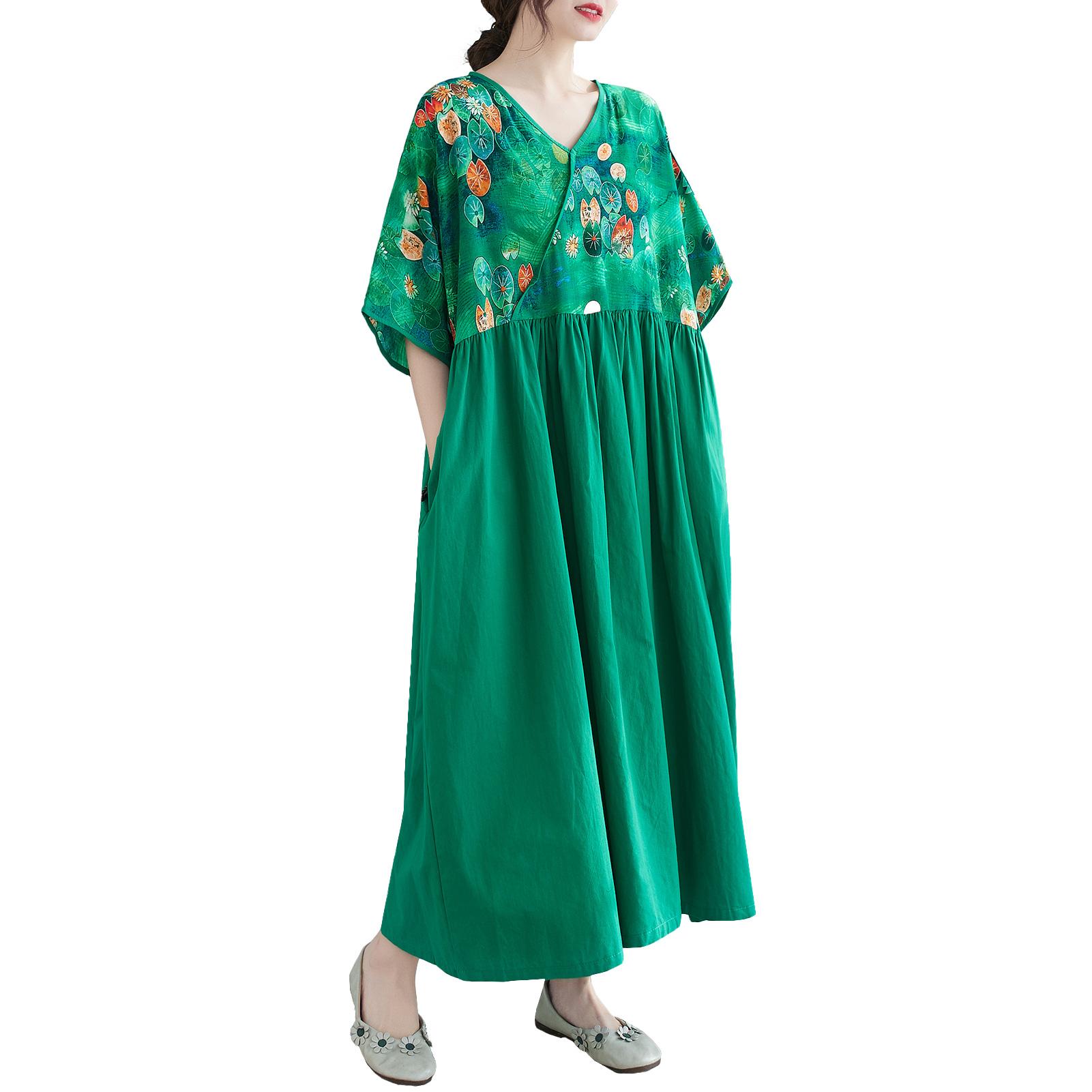 Vintage Women Cotton Linen Dress Print Splicing V Neck Wrapover Short Sleeve Pocket Casual Loose Oversized Maxi Dress