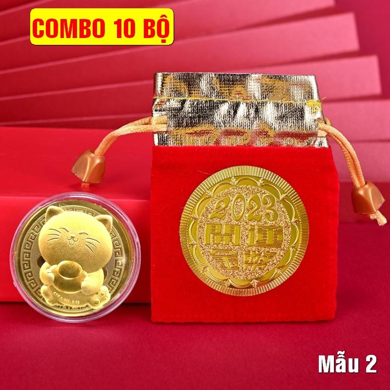 Combo 10 Xu con mèo vàng + túi gấm 2023 làm quà tặng, đồng nghiệp khách hàng Tết Quý Mão - Mẫu 2, Tiền lì xì tết 2023 , NELI