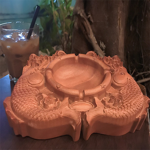 Gạt Tàn Thuốc Lá Vuông - Chất Liệu Gỗ Hương - Hình Rồng - Phụng - Cá Chép