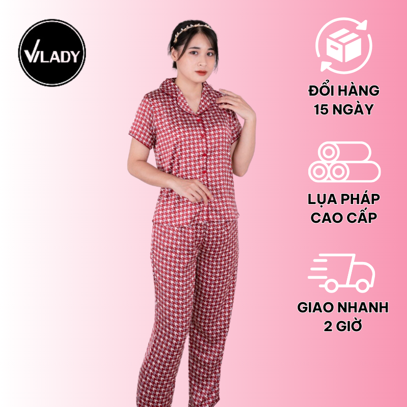Bộ đồ Pyjama nữ, đồ mặc nhà lụa VILADY - B141 kiểu tay cộc quần dài họa tiết Ziczac chất liệu lụa Pháp - Màu đỏ