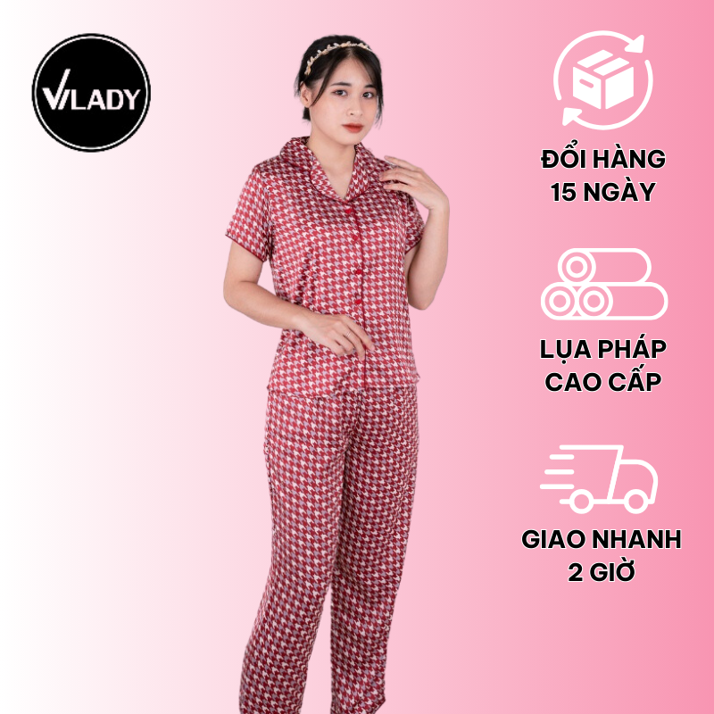 Bộ đồ Pyjama nữ, đồ mặc nhà lụa VILADY - B141 kiểu tay cộc quần dài họa tiết Ziczac chất liệu lụa Pháp (lụa latin) - Màu đỏ