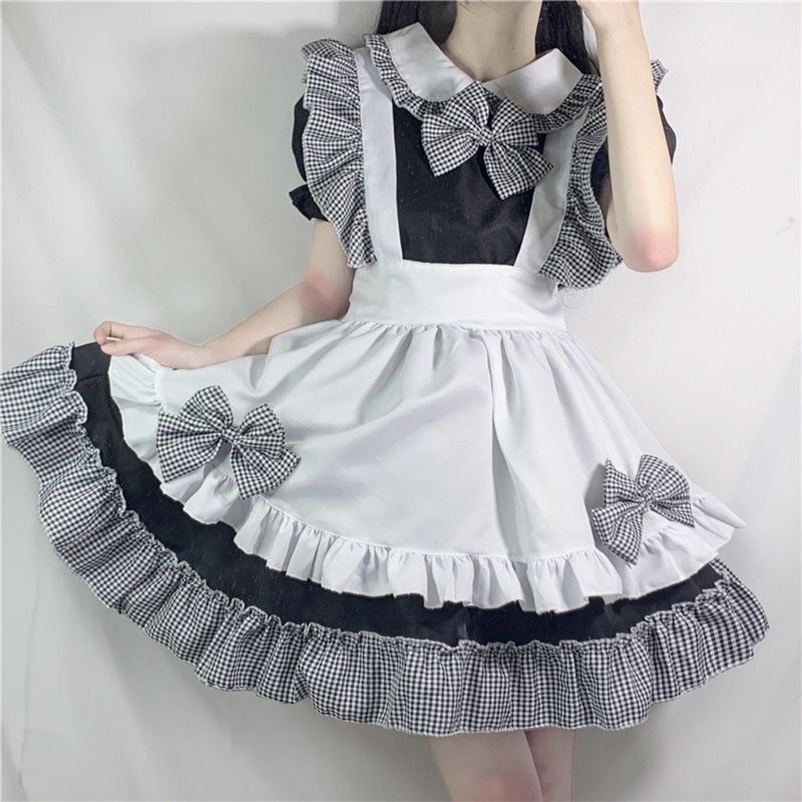 Women's French Maid Costume with Apron, Anime Cosplay Fancy Dress for Halloween Party