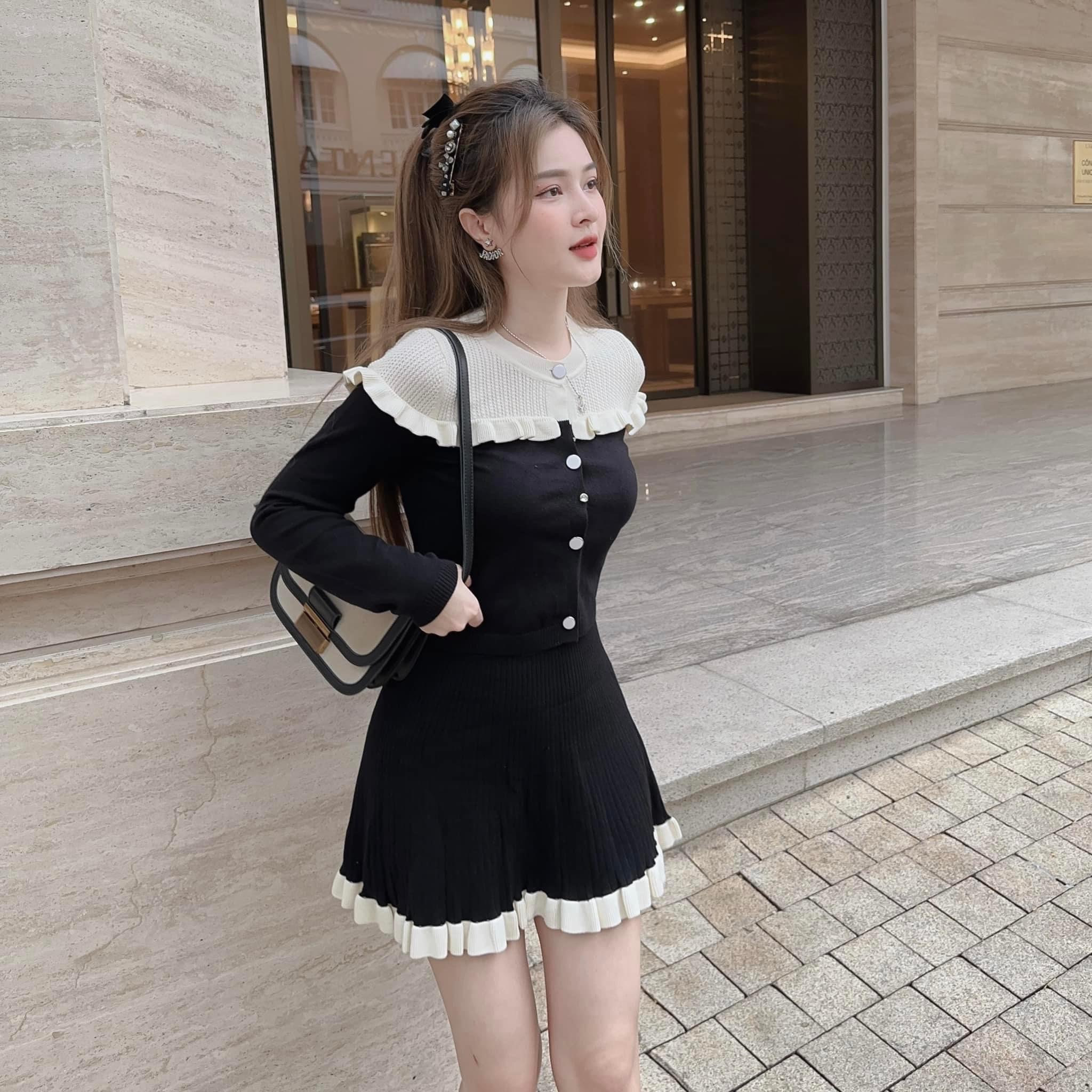 ĐẦM ĐEN SET ÁO CROPTOP LEN THUN TAY DÀI + CHÂN VÁY NGẮN LƯNG CAO CHỮ A ĐI TIỆC ĐI CHƠI NOEL DẠO PHỐ GIÁNG SINH ĐI BIỂN