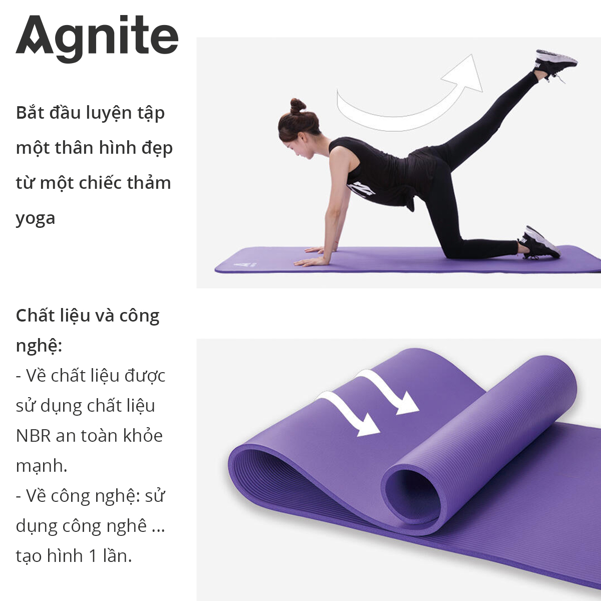 Thảm tập Yoga và GYM chuyên dụng dày 10mm Agnite - NBR nguyên khối, độ đài hồi tốt, chống lún - Chống trơn trượt, độ bám cao, ngăn ngừa hôi và ẩm mốc - Kèm dây buộc - Hàng chính hãng - F4174