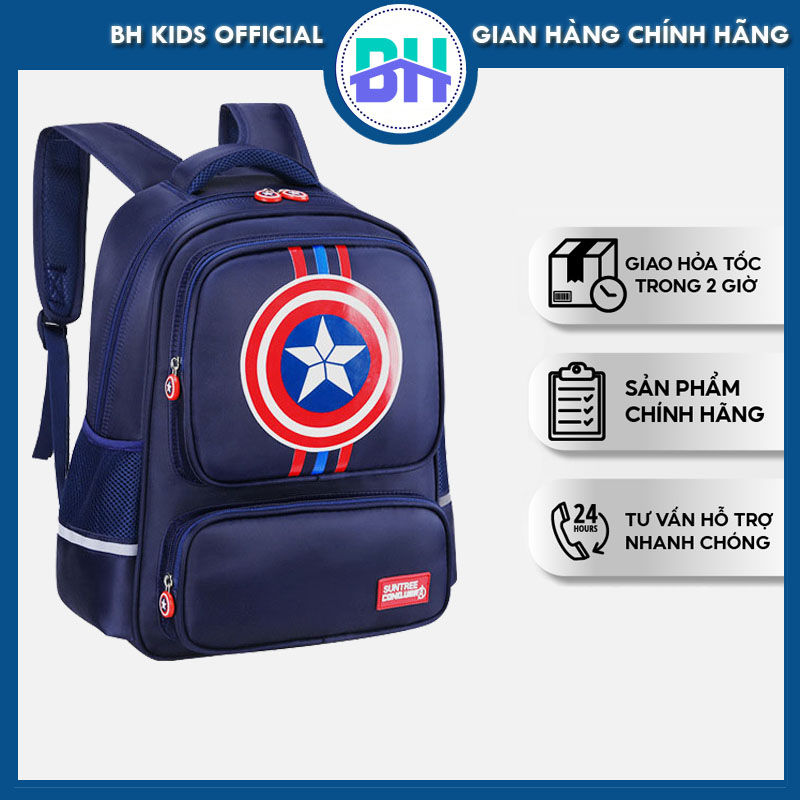 Balo Đội trưởng Mỹ BH Kids chống nước, chống gù cho học sinh cấp 1 - Cặp nhiều ngăn - Phát sáng ban đêm - BHS05