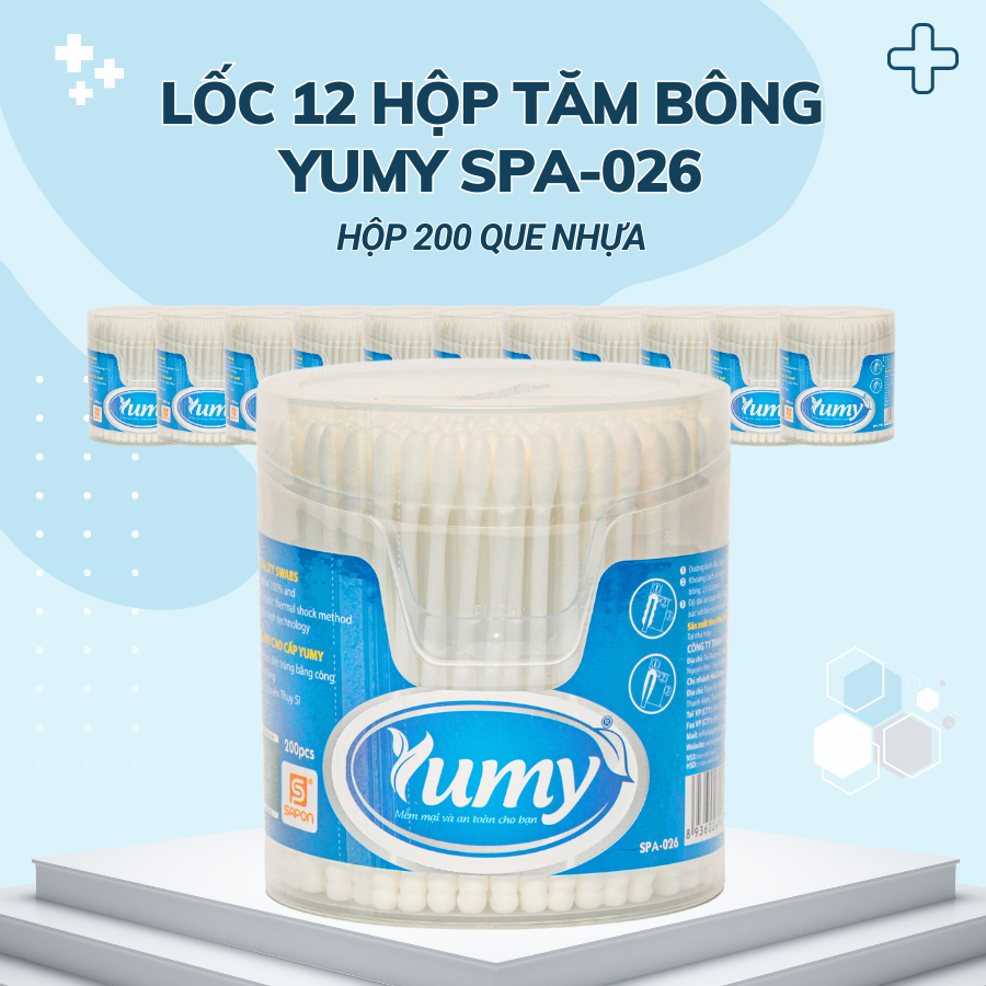 Lốc 12 hộp Tăm bông Yumy người lớn thân nhựa hộp vát 200 que SPA-026