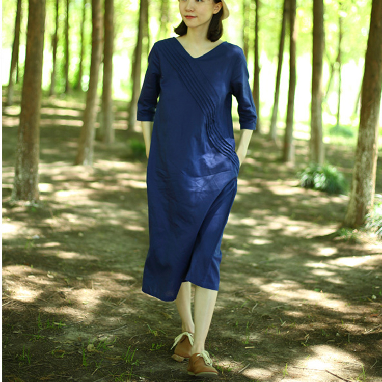 Đầm suông linen cổ tim trần ngực ArcticHunter, thời trang thương hiệu chính hãng - Xanh than