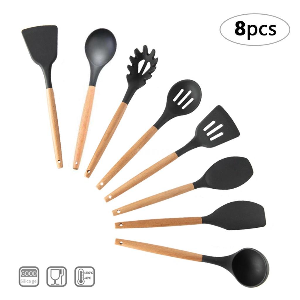 Bộ 8 Dụng Cụ Nấu Ăn Bằng Silicone Tay Cầm Gỗ Cách Nhiệt Dễ Vệ Sinh Cho Nhà Bếp / Nhà Hàng / Khách Sạn
