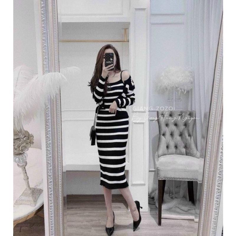 Set len váy 2 dây body kèm áo choàng len nhẹ nhàng hàng QC