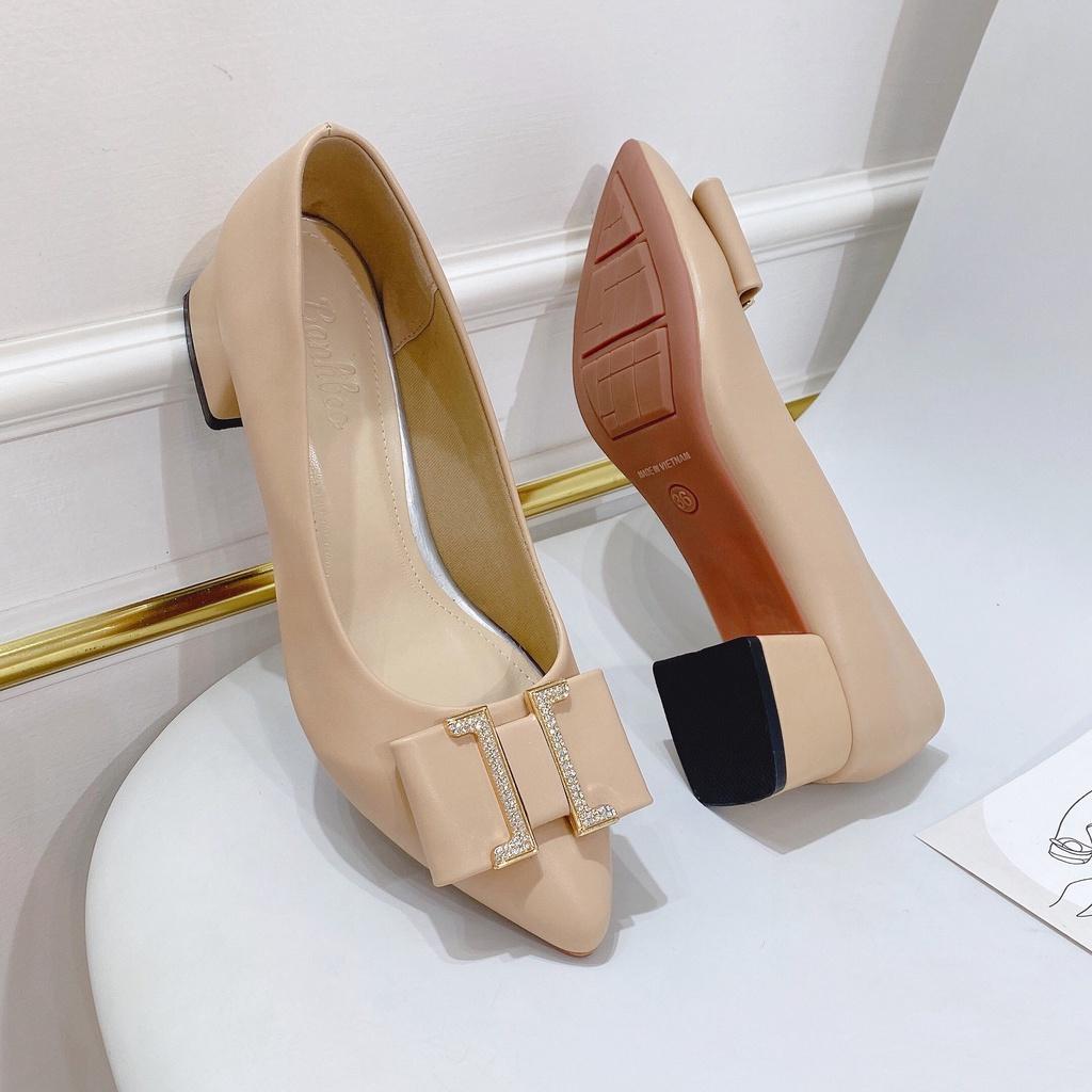 Giày Cao Gót Nữ Mũi Nhọn  gót vuông cao 3p khóa chữ H nữ tính