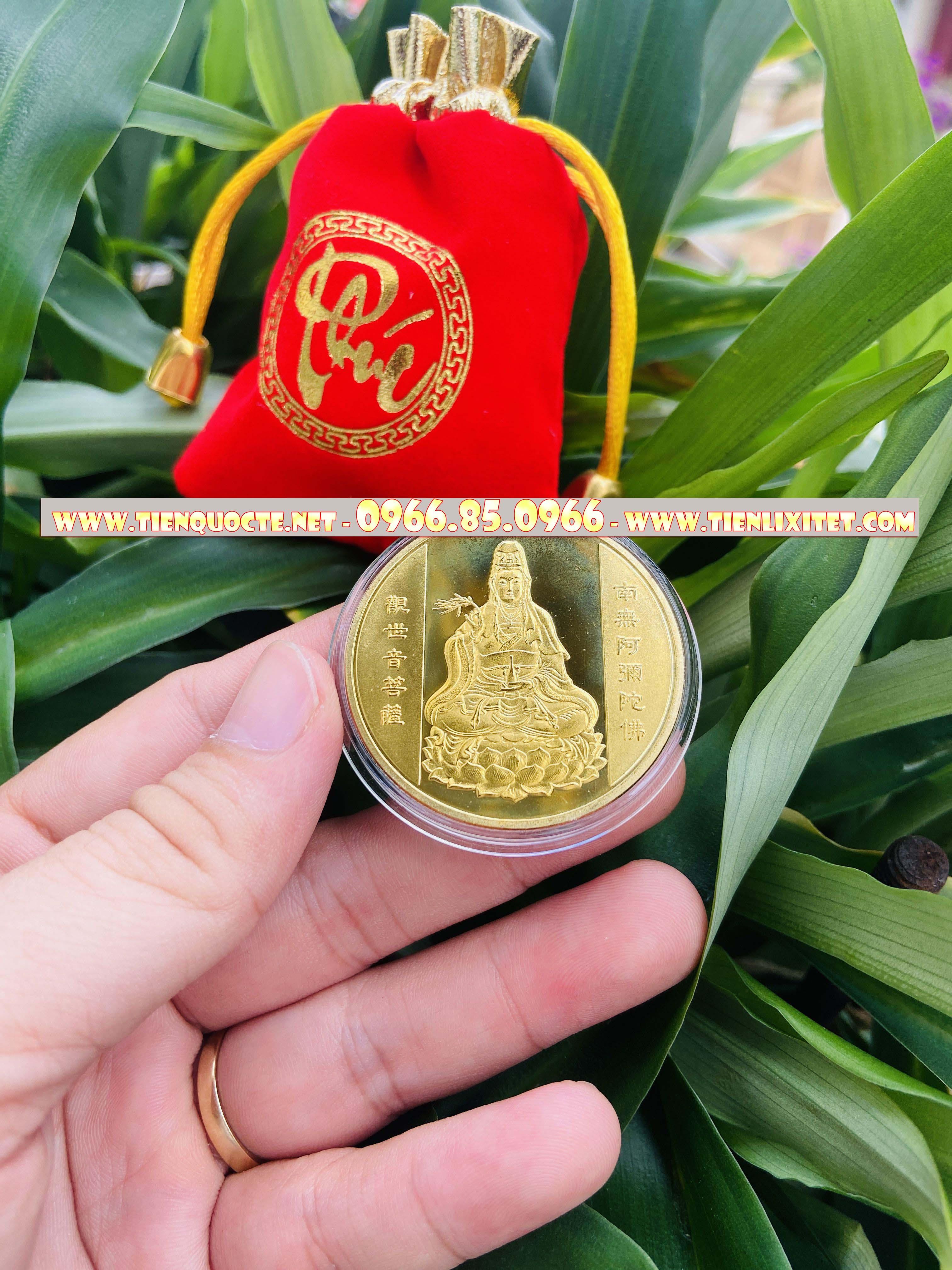 Bao lì xì Ti.ền 2023 Đồng Xu Quan Âm-Cá Chép Mạ Vàng Tặng Kèm Túi Gấm Tài Lộc May Mắn CTMSC000180