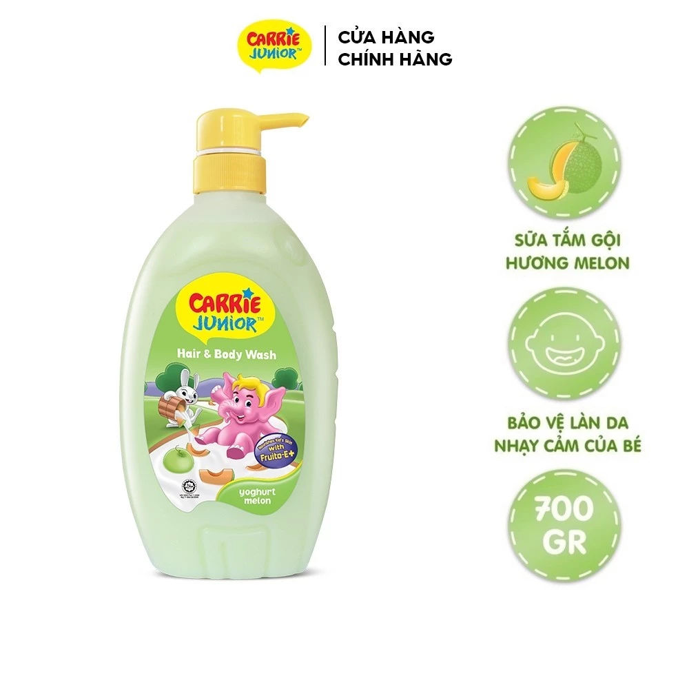 Chai Sữa Tắm Gội cho bé Carrie Junior Yoghurt hương trái cây thiên nhiên 700g