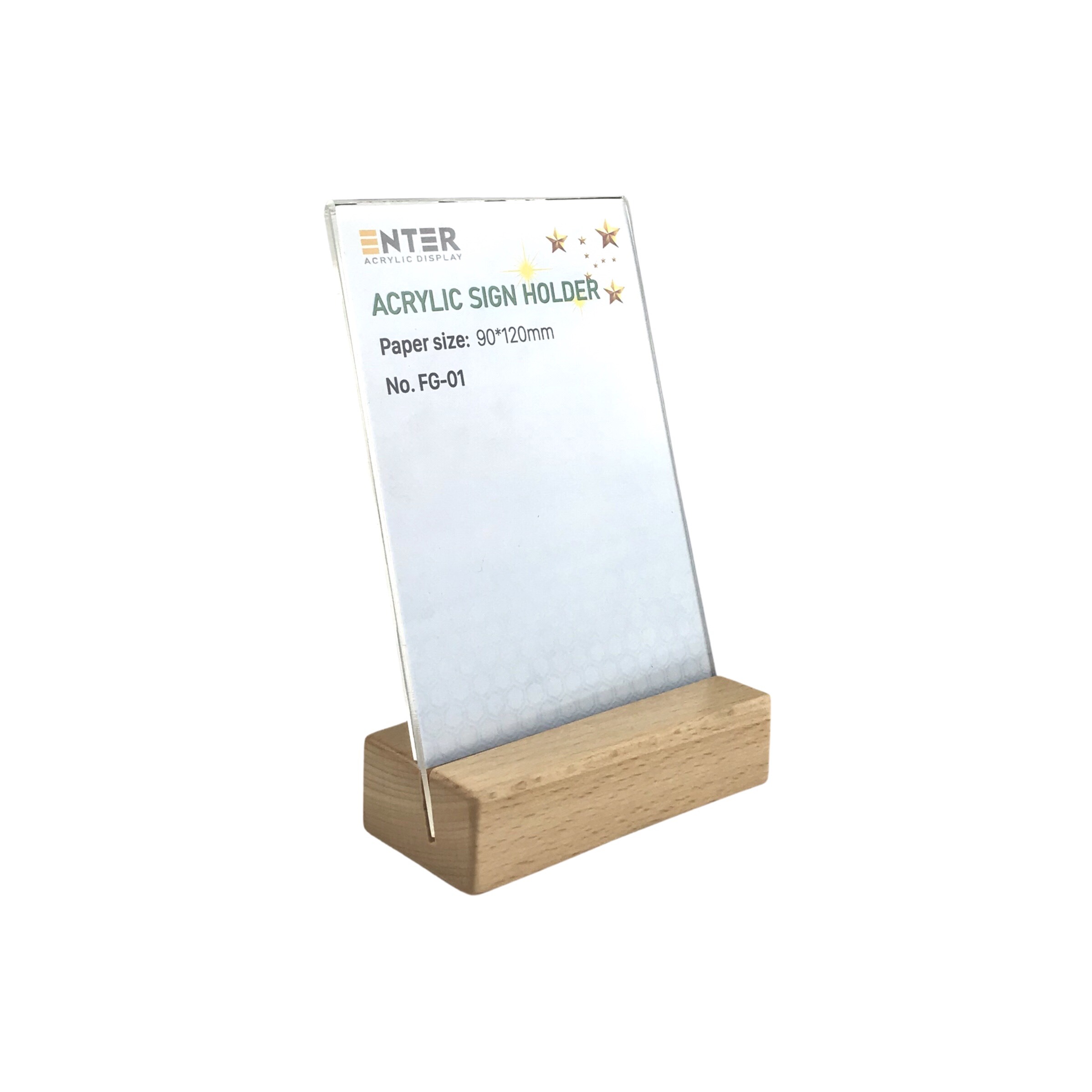 Kệ mica 1 mặt đế gỗ Enter FG-01 90x120mm, Kệ thông tin sản phẩm, Standee mica để bàn, Bảng quét mã QR Code