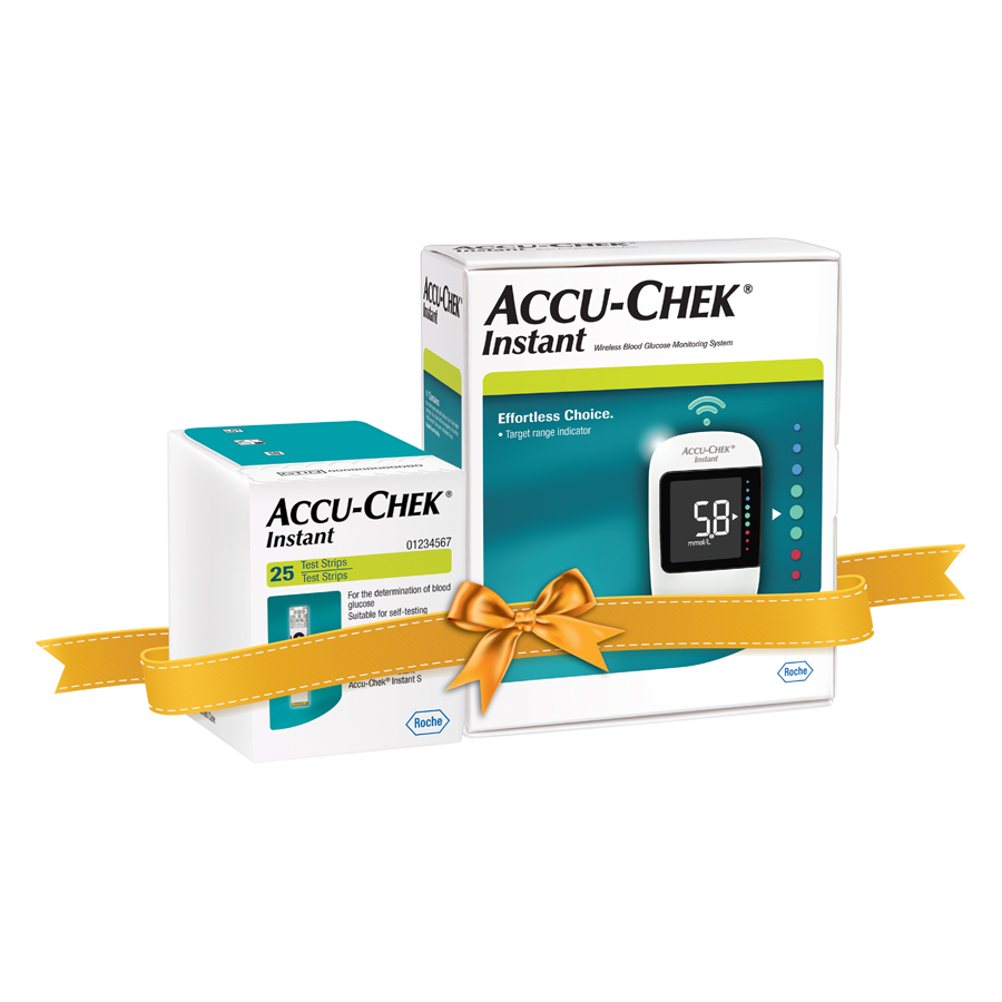 Combo bao gồm: Bộ máy đo đường huyết Accu-chek Instant mmol/L, bút lấy máu kèm 10 kim, 1 hộp 25 que thử