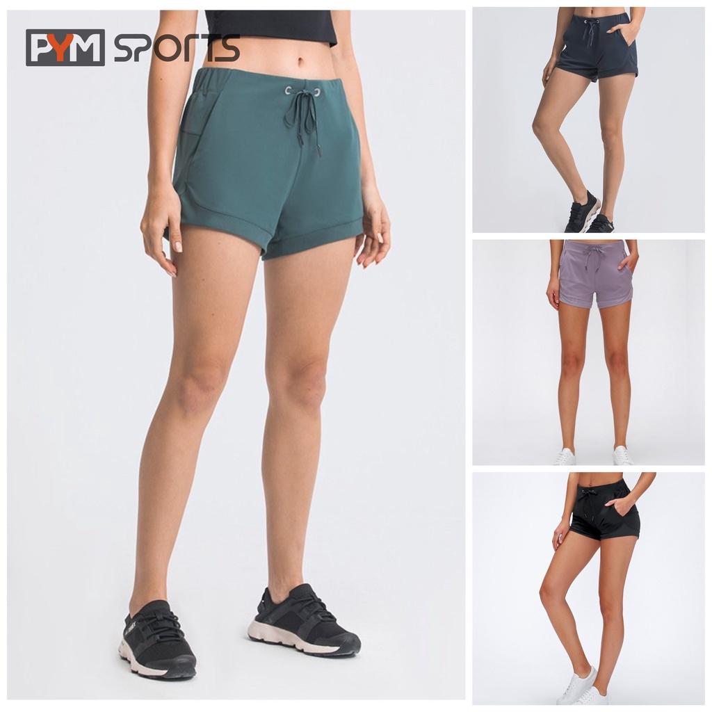 Quần short ngắn tập Yoga - Gym PYMSPORT - PYMQT011, 1 lớp,màu trơn cạp chun có dây rút - 4 màu đen, tím, xanh, ghi đen