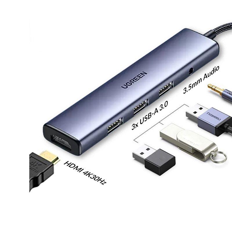 Ugreen UG90881CM478TK USB type C sang 1 x HDMI 4K30Hz + 3 x USB 3.0 +1 x 3.5mm không hỗ trợ MIC + 1 x USB-C PD 100W Bộ chuyển 5in1 - HÀNG CHÍNH HÃNG