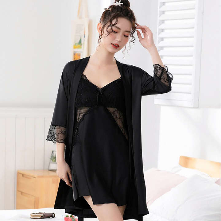 Combo váy ngủ lụa kèm áo choàng mặc nhà sang trọng cao cấp Q125 - Set ngủ lụa cao cấp - Set vay ngủ lụa