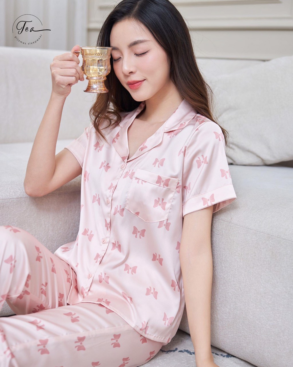 Bộ mặc nhà Pyjama lụa cao cấp Tea Store tay ngắn quần dài họa tiết quả cam xinh xắn