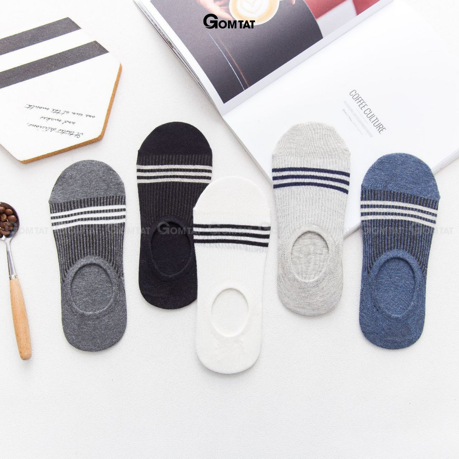 Vớ Lười Nam Mẫu 3 Sọc Ngang, Tất nam đi Giày Lười cotton có đệm cao su chống tuột FIVE-LUOI-SOCNGANG