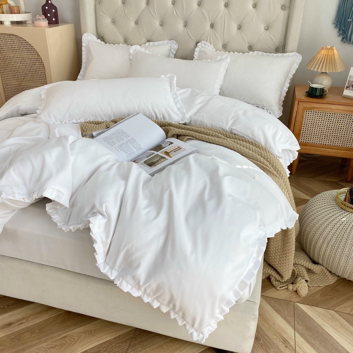 Bộ Chăn Ga Gối Cotton Tici Bèo LIDACO - Trắng