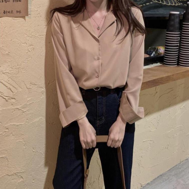 Áo Sơ Mi Nữ Tay Dài, Sơ Mi Form Rộng Oversize Phong Cách Vintage Màu Trơn Cơ Bản Đi Chơi Đi Làm Đều Thích Hợp.