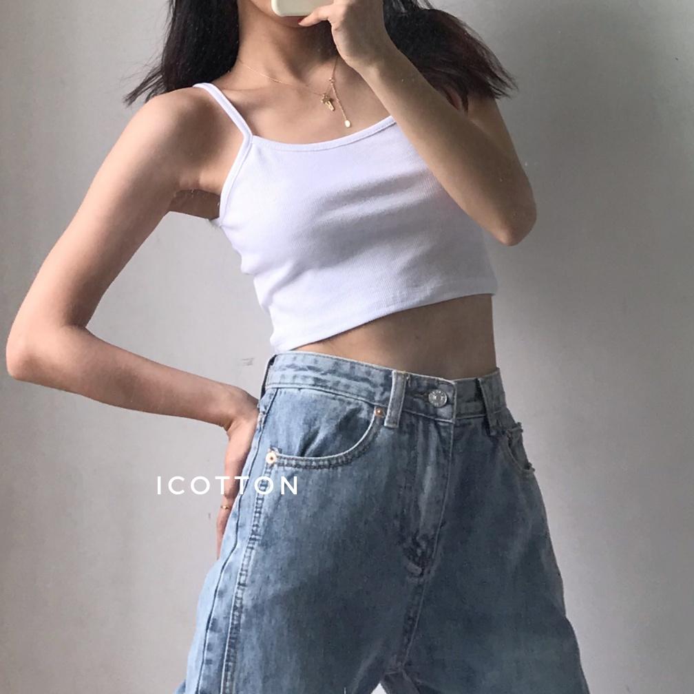 Áo 2 dây croptop nữ ️iCotton️ Áo 2 dây nữ dáng ngắn 100% cotton trắng đen cao cấp