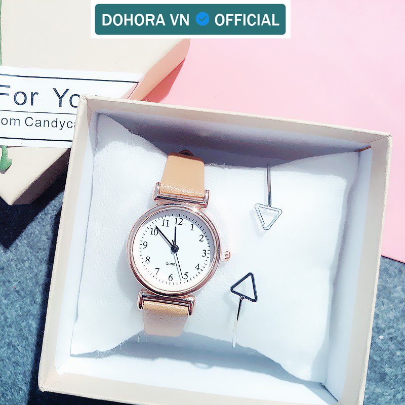 Đồng hồ nữ mặt nhỏ DOHORA VN DSDH108 dây da mặt tròn có số mẫu mới cực thanh lịch thời trang hot chống nước sinh hoạt nhẹ dây da dành cho học sinh cấp 2 sinh viên - Hàng nhập khẩu
