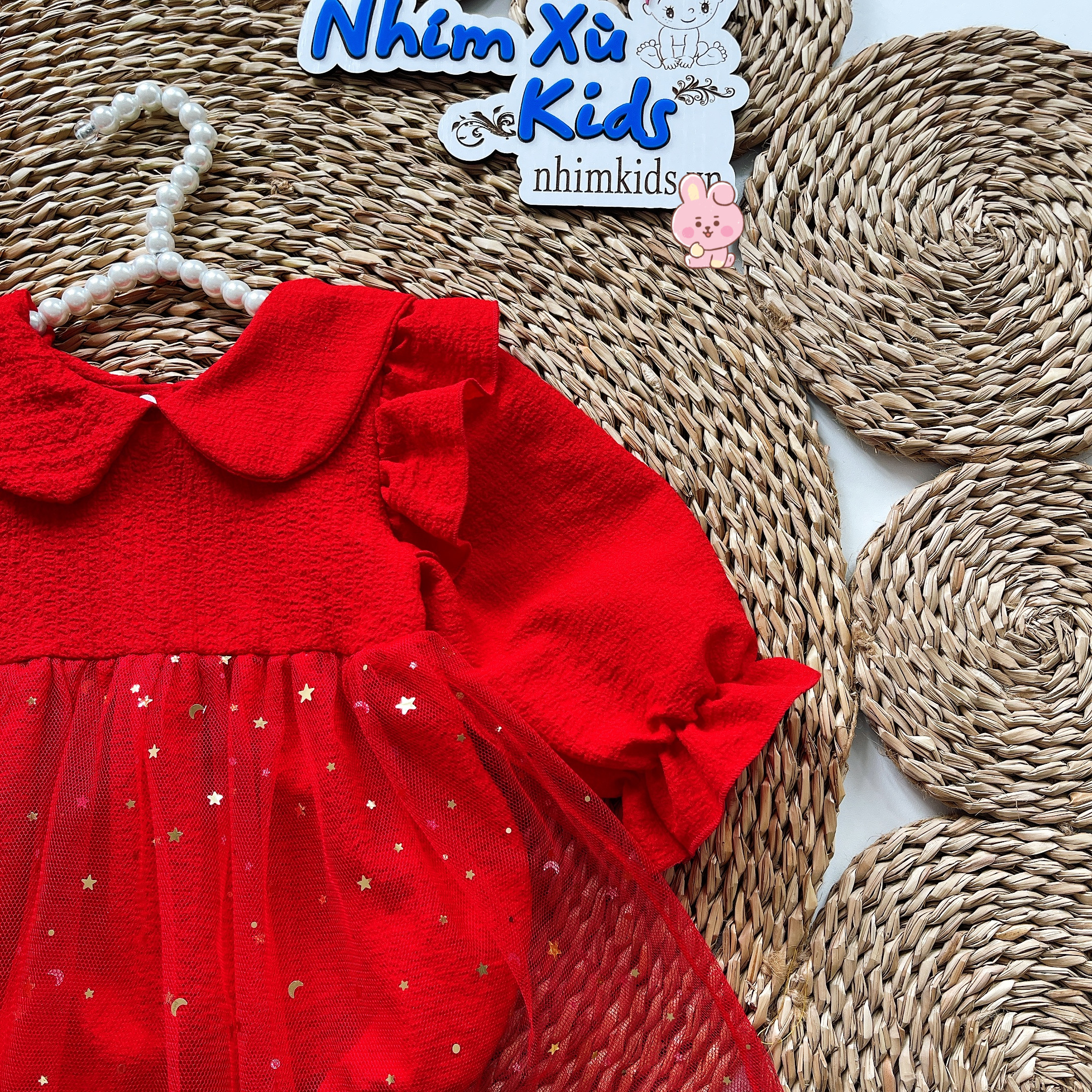 Body Váy Đỏ Nhũ Bé Gái 3 - 12kg Chất Cotton Xốp Hạt Phối Lưới Nhũ Mềm [B032