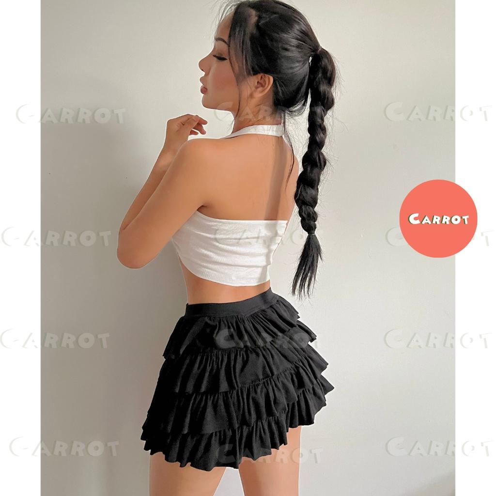 Áo croptop thêu cổ yếm thiết kế chân váy tầng ngắn ôm body tôn dáng carrotxinhdep