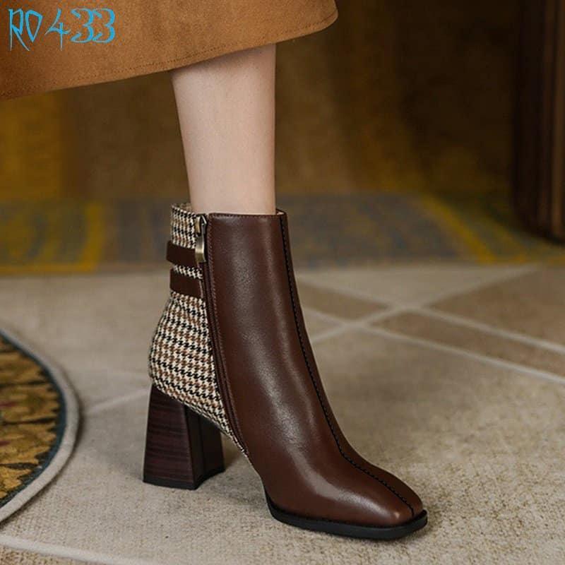Boot thời trang nữ phối caro ROSATA RO433 - Đen, Nâu - HÀNG VIỆT NAM - BKSTORE