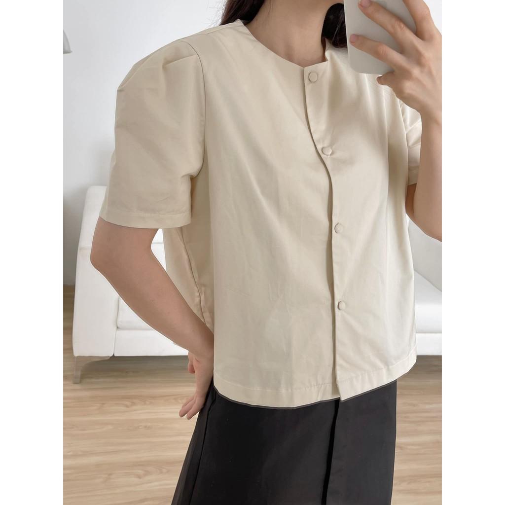 Áo sơ mi cổ tròn xếp ly tay Hàn Quốc