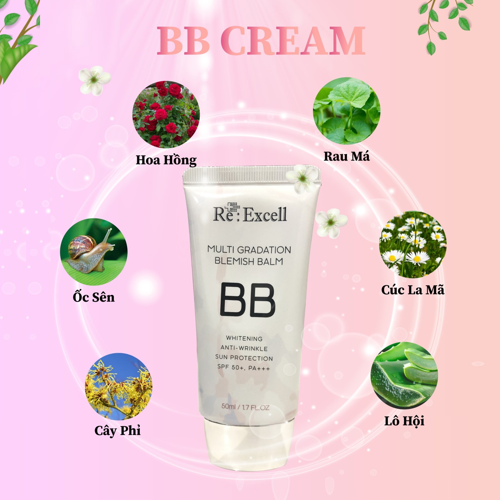 BBCream Re:Excell 4 in1 Hàn Quốc Multi Gradation Blemish Balm R&amp;B kem nền, kem lót trang điểm, che phủ khuyết điểm, chống nắng, bật tone da sáng mịn tự nhiên, không bí bết, không lộ vân kem, 50ml