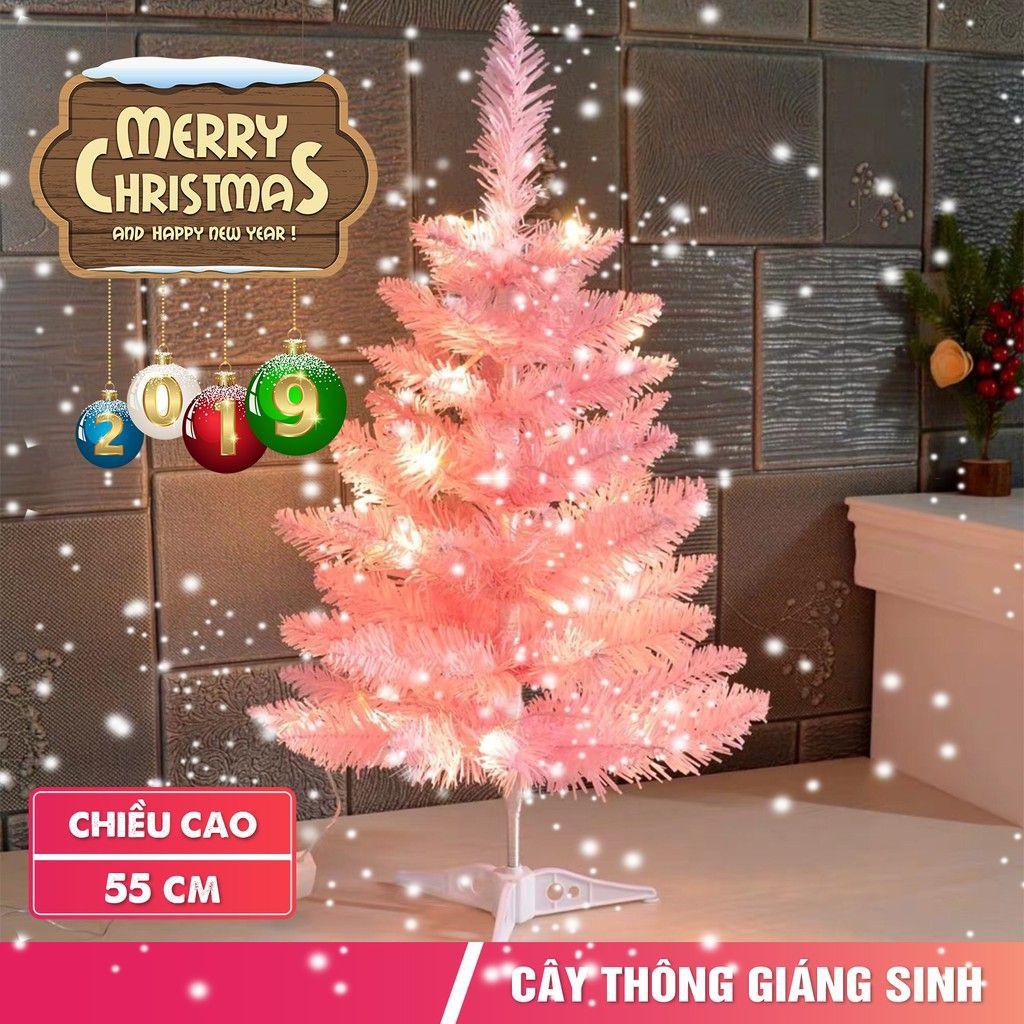 Cây thông mini cây thông để bàn cao 55cm màu hồng tặng kèm chữ Merry Christmas và thiệp