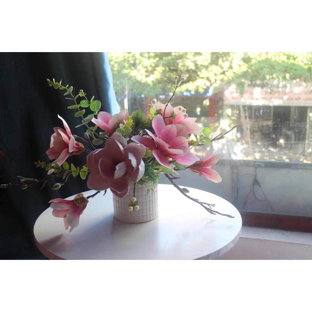 Chậu hoa Mộc Lan màu hồng vintage để bàn trang trí nhà cửa, nhà hàng...- hoa giả - hoa kèm chậu